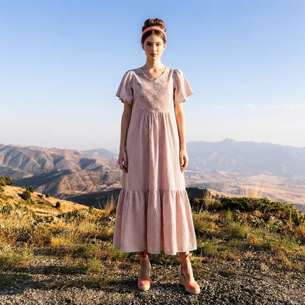 Vestido largo contemporáneo Mahe rayado-Istmo Tehuantepec, Oaxaca.